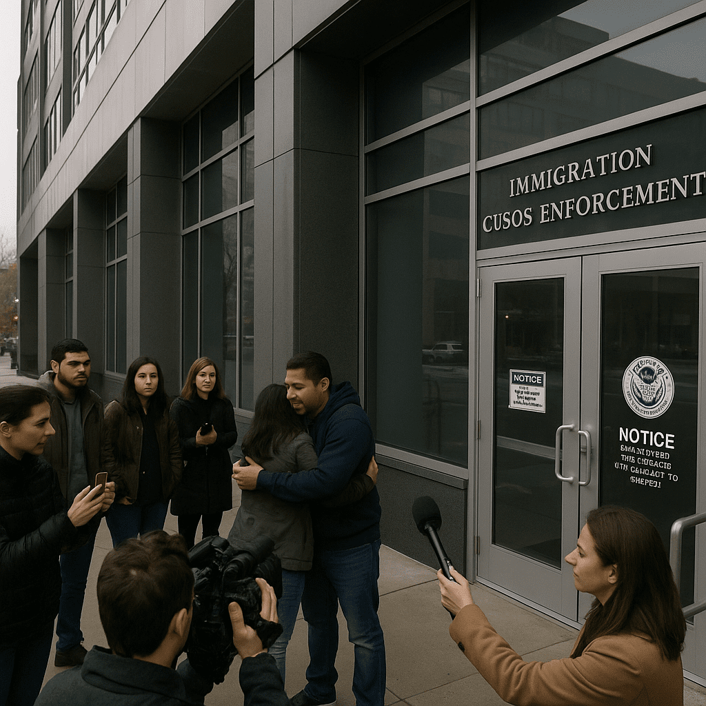 People stand outside an ICE field office in Baltimore where Kilmar Abrego Garcia is scheduled to appear after a judge ordered his release from detention.