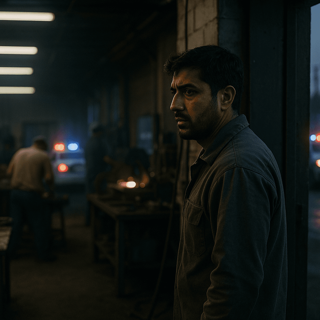 An Afghan worker in a U.S. industrial job watches anxiously as law enforcement vehicles with flashing lights appear outside his workplace.