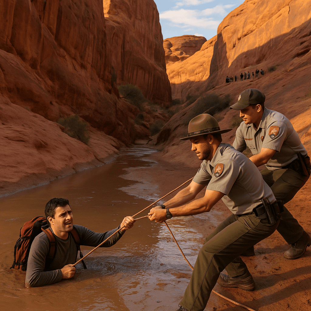 Rescue personnel pull a hiker out of quicksand in a shallow wash beneath the red rock formations of Arches National Park in Utah.