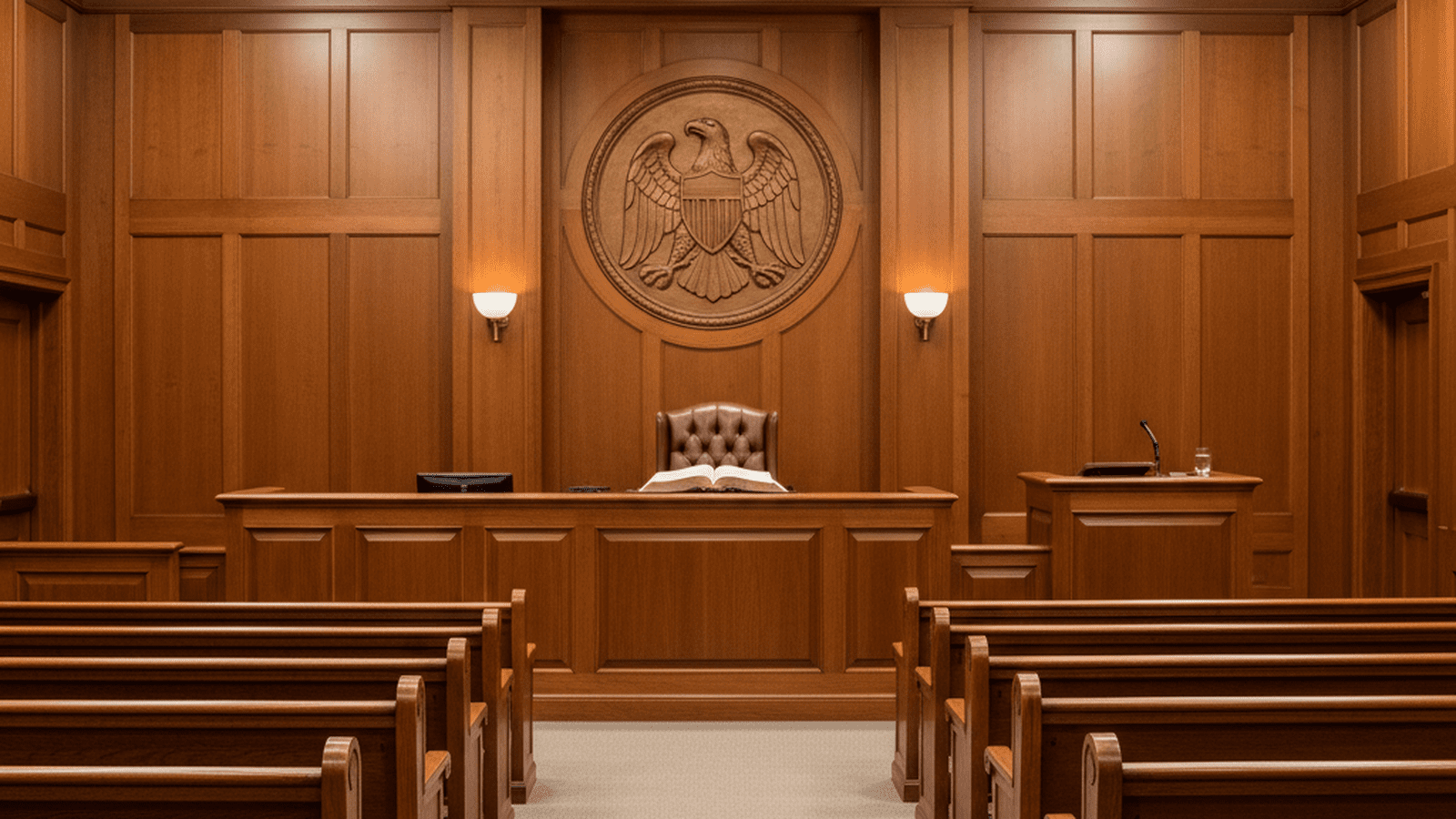 An empty, formal federal courtroom with dark wood paneling and a judge's bench.