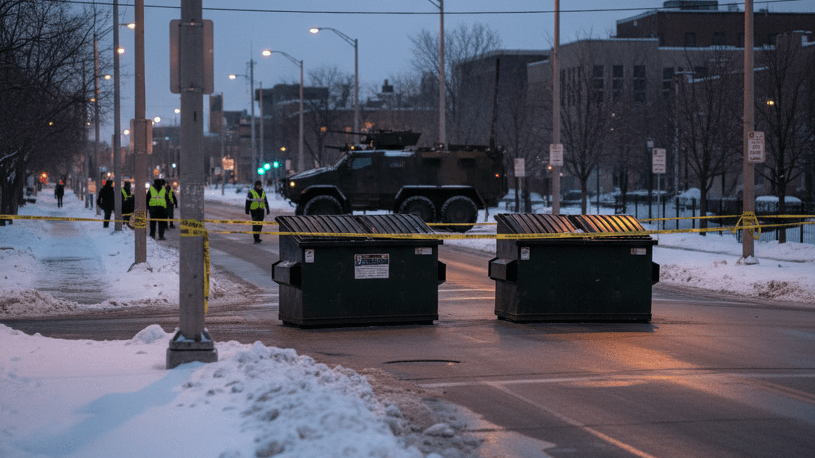 A cordoned-off street intersection in Minneapolis with snowbanks and security vehicles under evening lights.