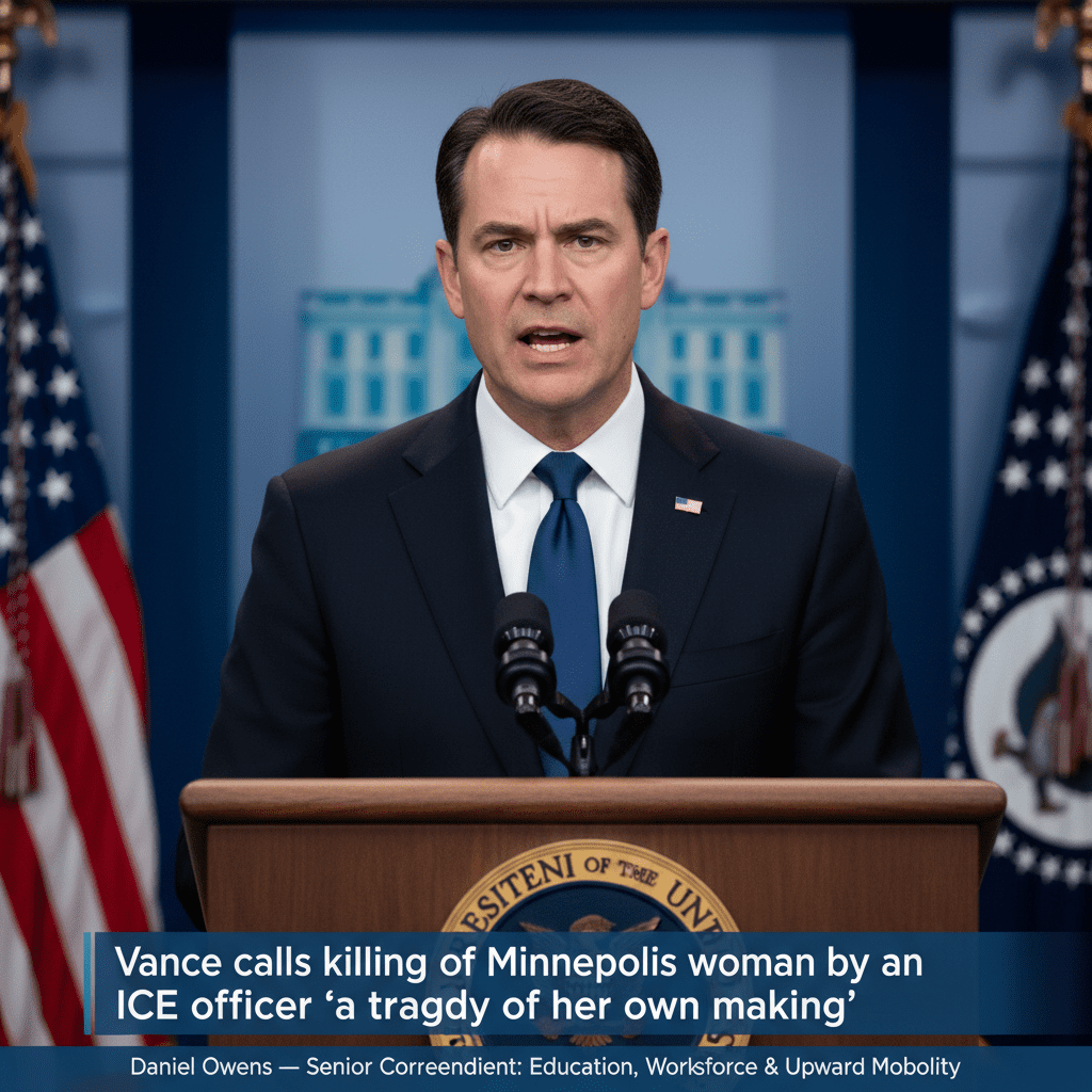 Vice President JD Vance speaks at a White House podium during a press briefing regarding federal immigration enforcement.