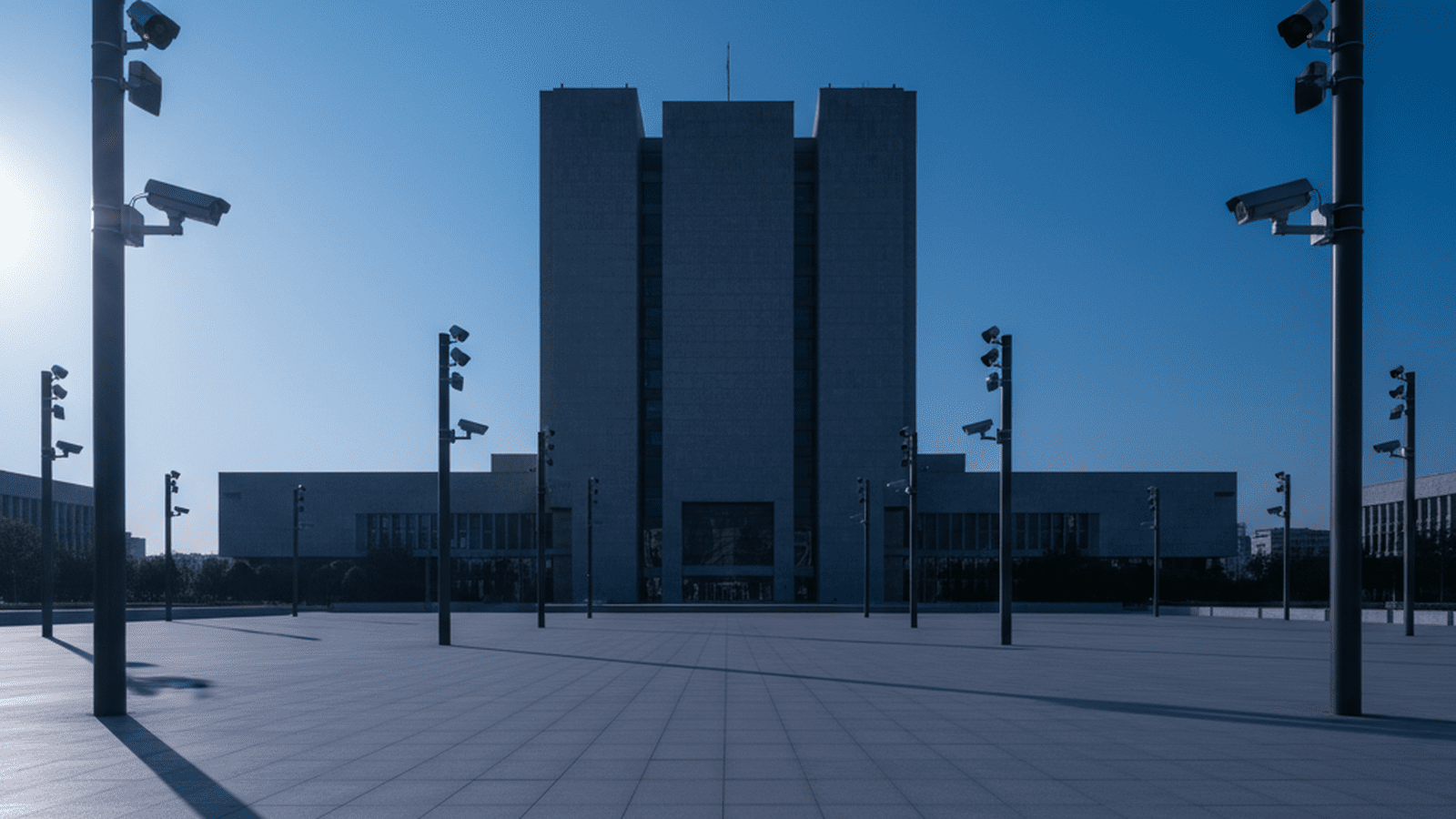 An orderly crowd stands behind a security fence near a government building with police presence.