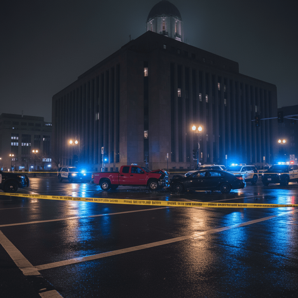 A red truck and a damaged car sit behind police tape at a city intersection at night near a federal building.