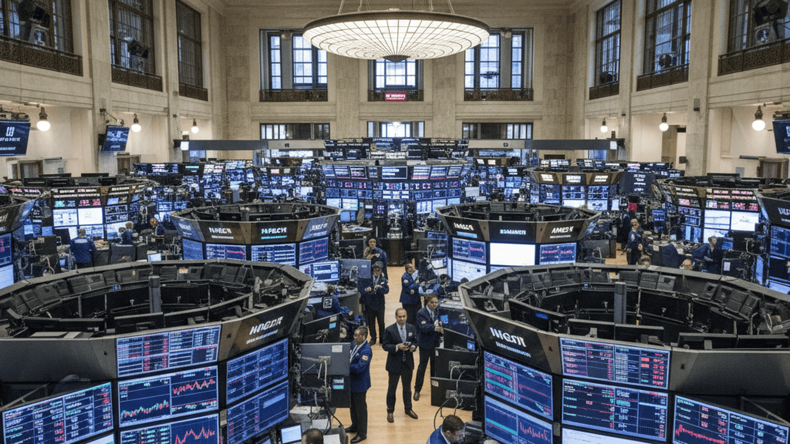 Traders work on the floor of the New York Stock Exchange amidst glowing financial monitors.