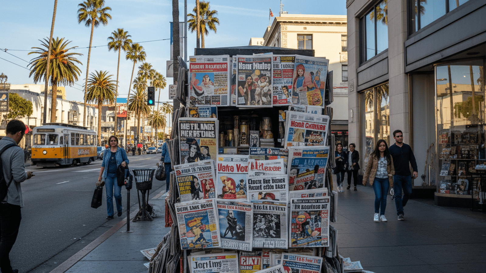 A stack of The California Post newspapers sits on a newsstand in Hollywood.
