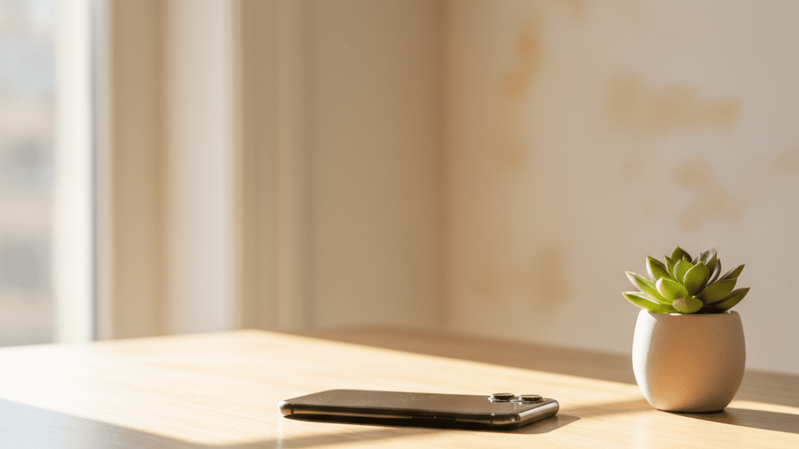 A minimalist desk setup featuring a face-down smartphone and an analog clock to represent digital discipline.