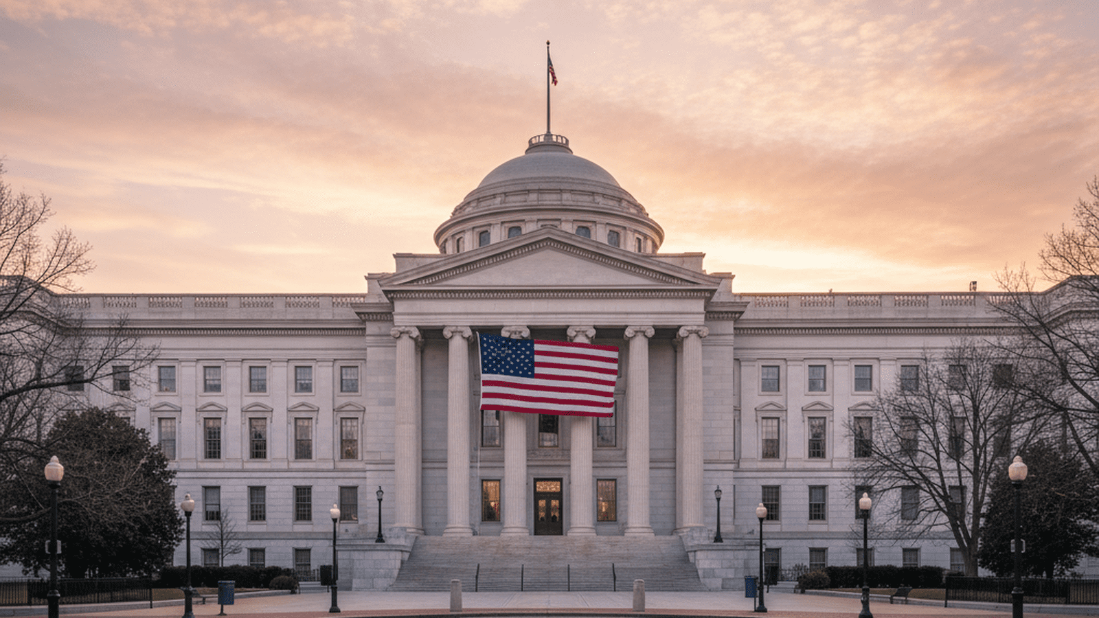 A symmetrical view of a neoclassical government building under a clear dawn sky, symbolizing order and stability.