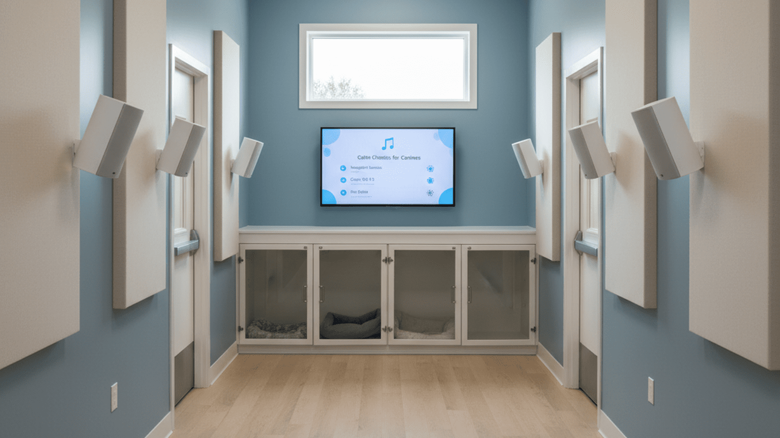 A modern animal shelter hallway featuring wall-mounted speakers and a digital control panel for music.