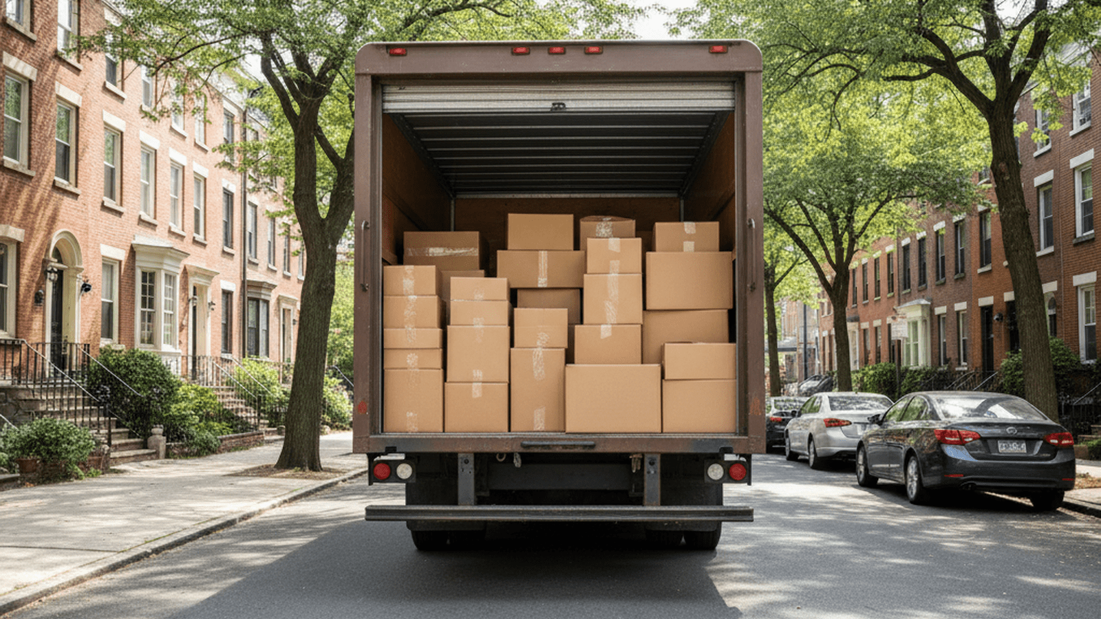 A UPS delivery truck with packages inside parked on a city street.