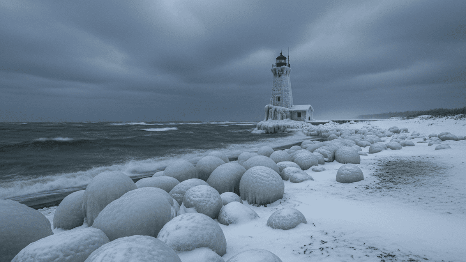 A frozen lighthouse and ice-covered beach along Lake Michigan during a severe winter storm.
