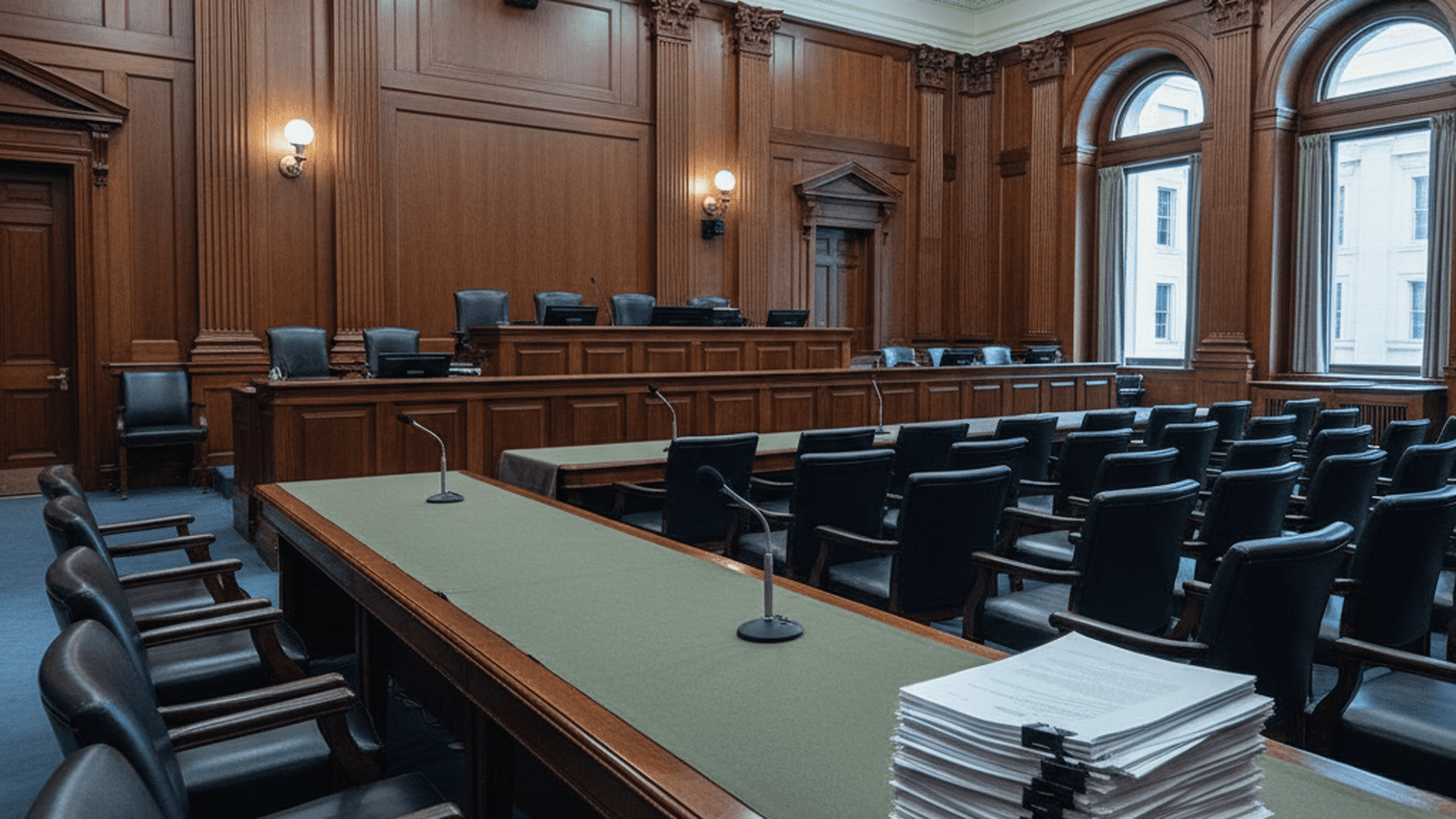 An empty, formal congressional hearing room with a witness table and a stack of reports under bright lights.