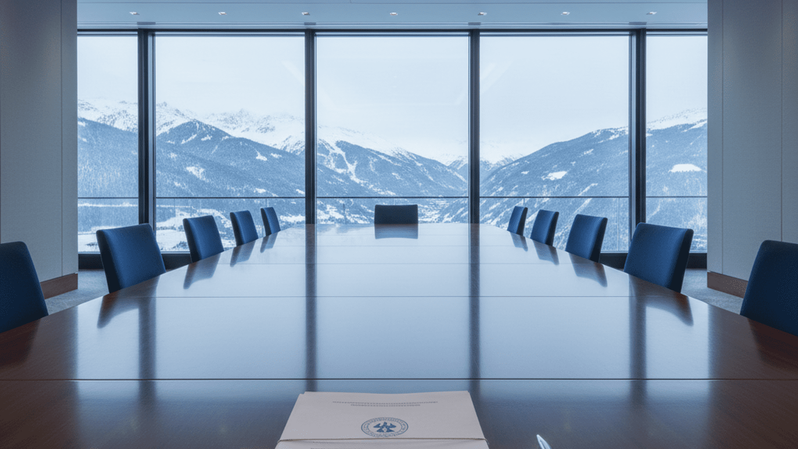 A formal conference room in Davos with a stack of peace settlement documents on a table overlooking snowy mountains.