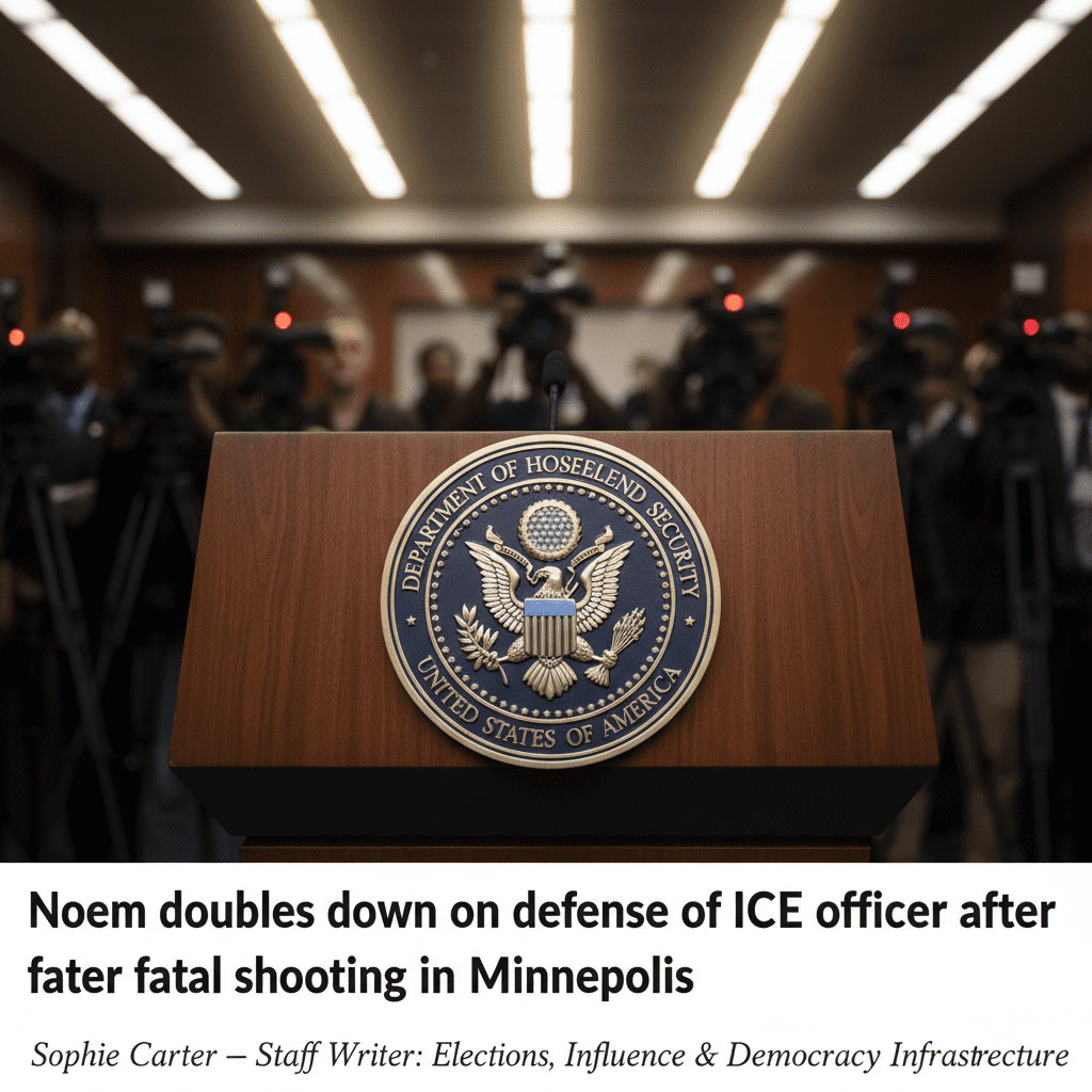 A Department of Homeland Security podium stands in a dimly lit press room, symbolizing the weight of federal rhetoric.