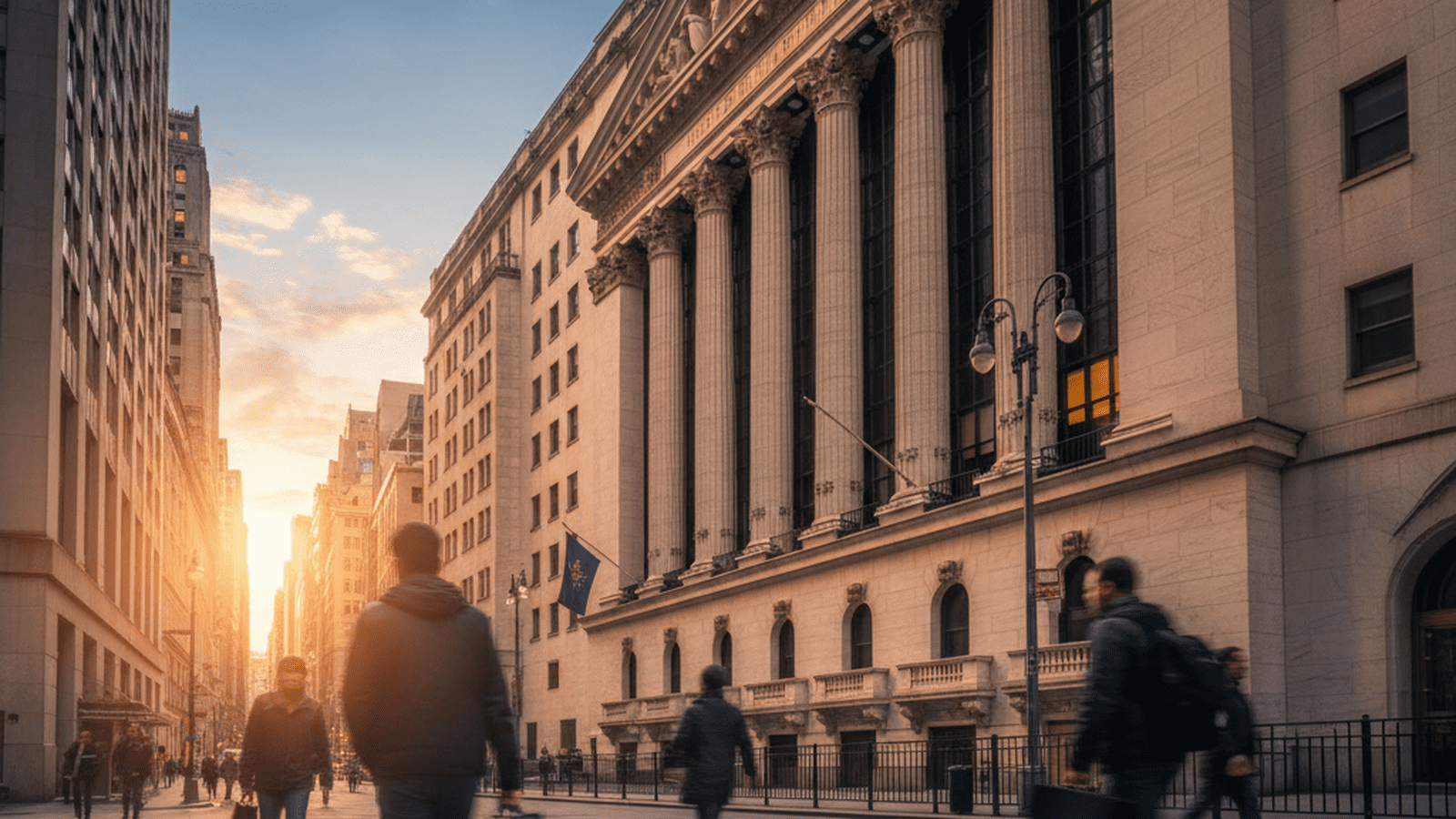 The New York Stock Exchange building stands tall as morning commuters pass by in the early light.