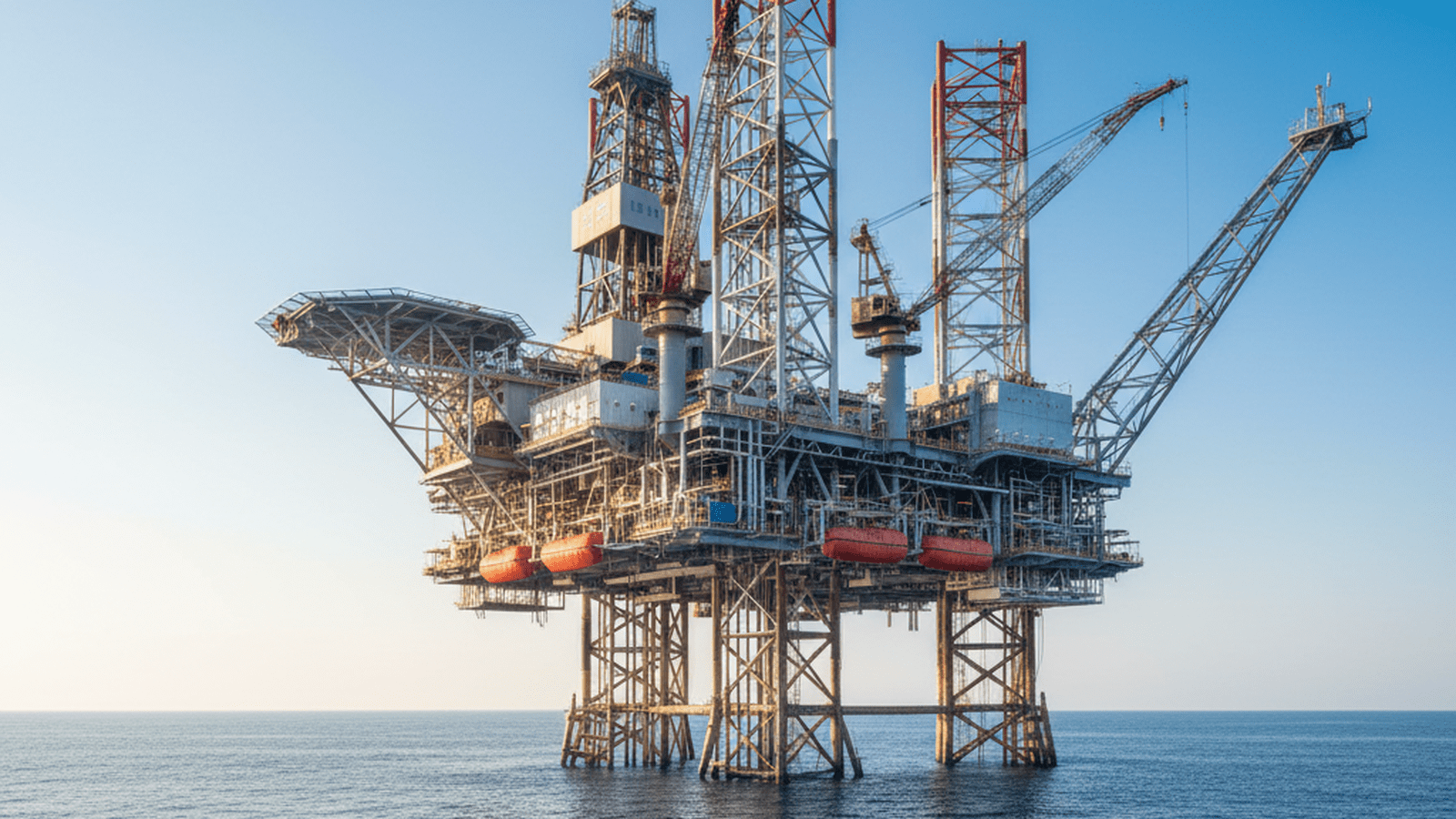 A large offshore oil platform stands in the ocean under a bright, clear sky.