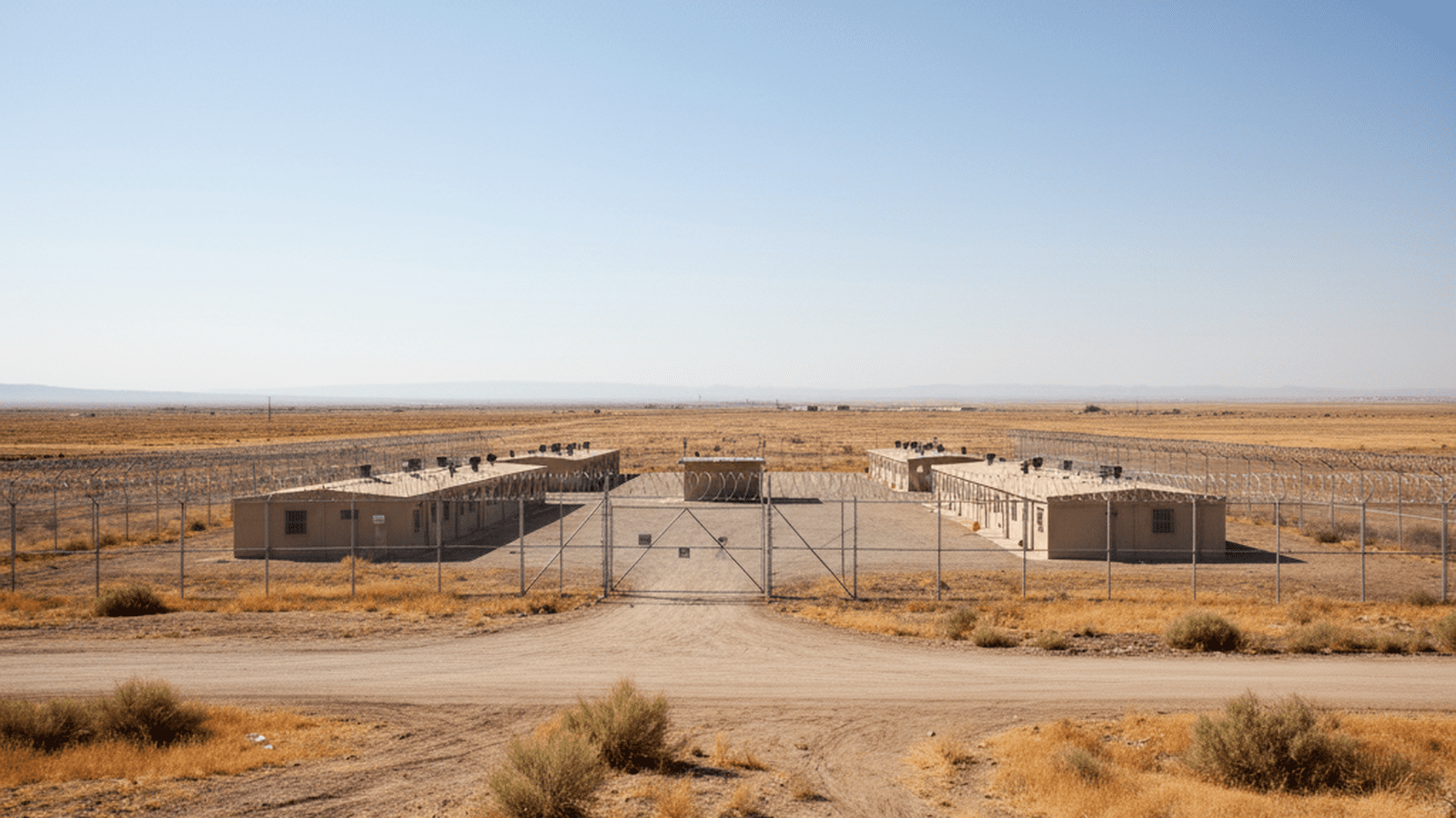 A secure residential facility in Texas featuring modular buildings and high perimeter fencing under a clear sky.