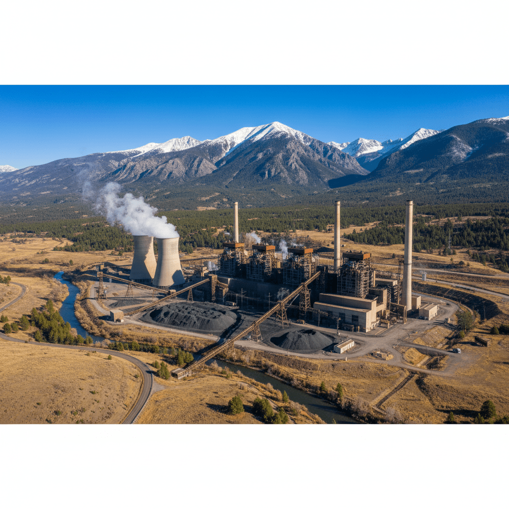 A large coal-fired power plant with tall chimneys sits in a rural landscape under a clear sky.