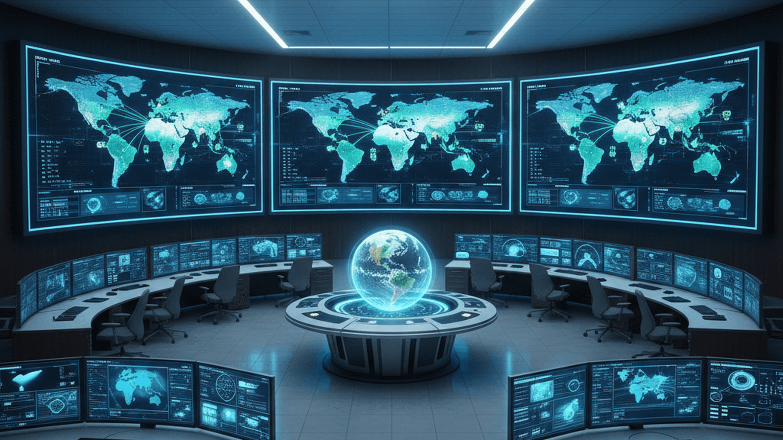 A professional command center where law enforcement officers monitor global trade and migration data on large digital screens.