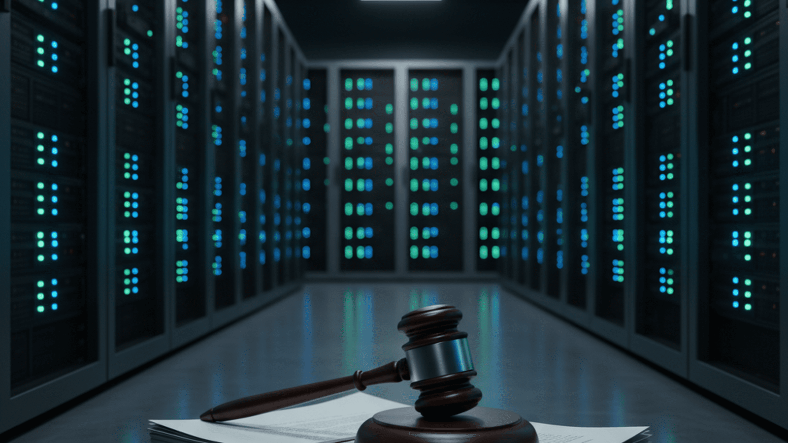 A wooden gavel sits on a desk next to a stack of legal papers in a modern server room.