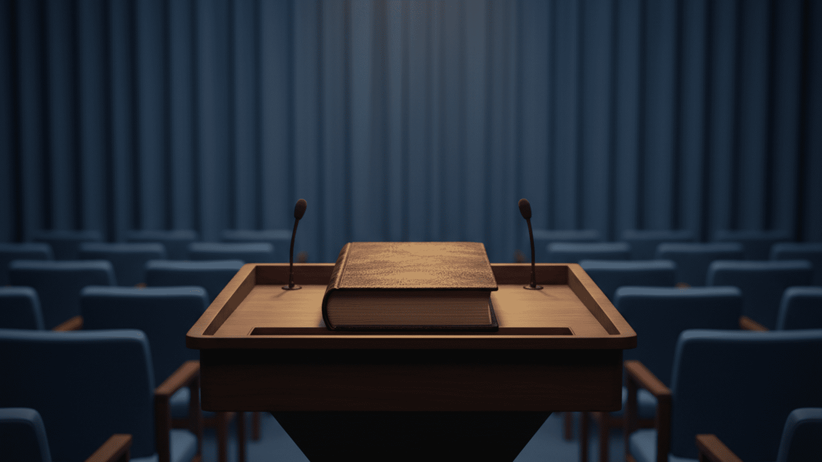 A leather-bound charter sits on the podium in the empty White House press briefing room.