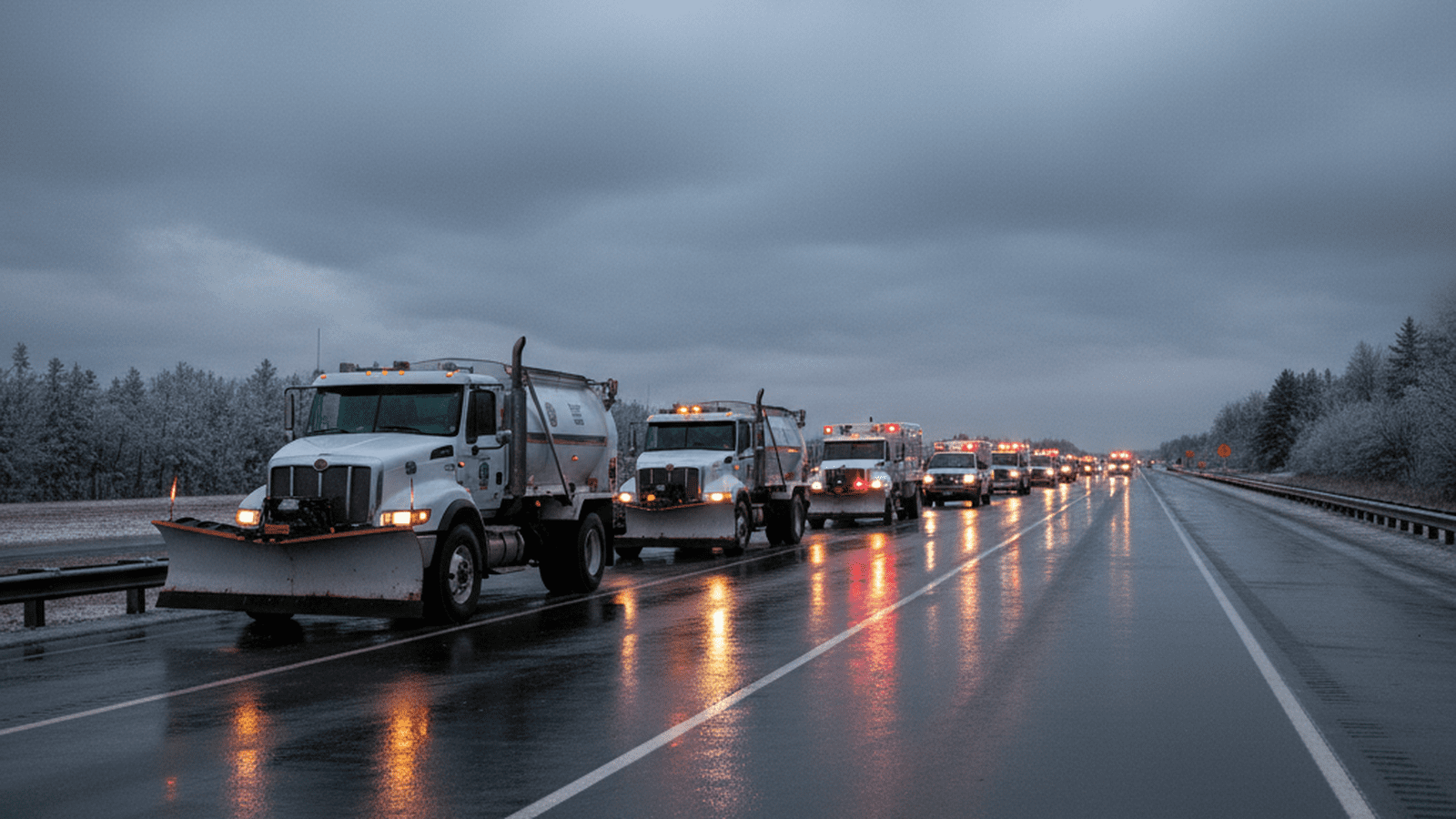 Emergency vehicles and salt trucks prepare for an incoming winter storm on a major highway.