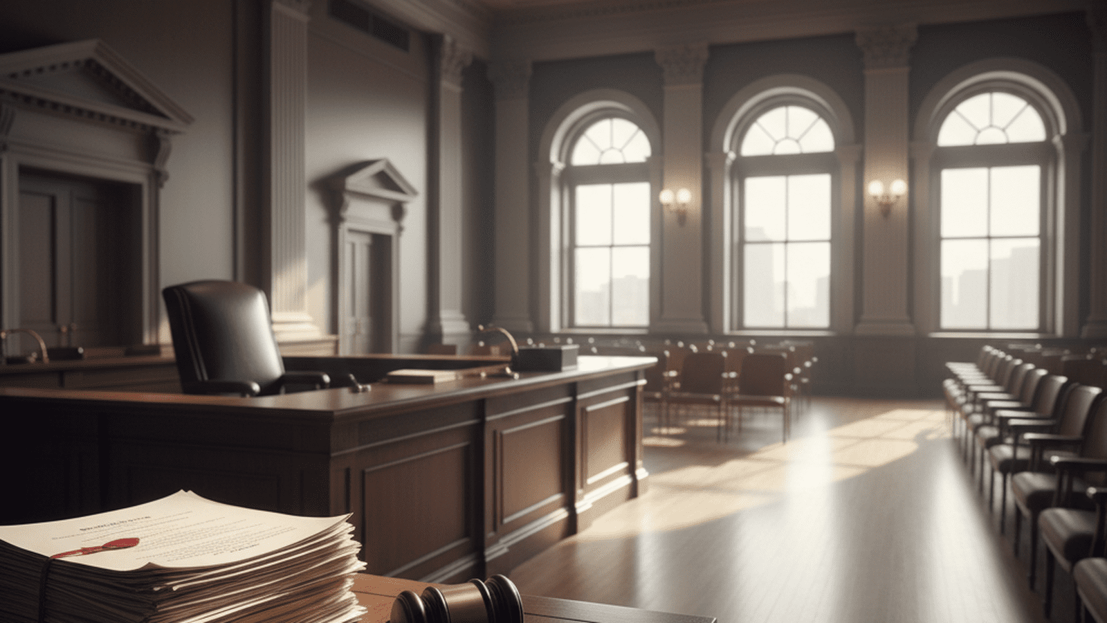 A wooden gavel sits on a courtroom bench next to legal papers.
