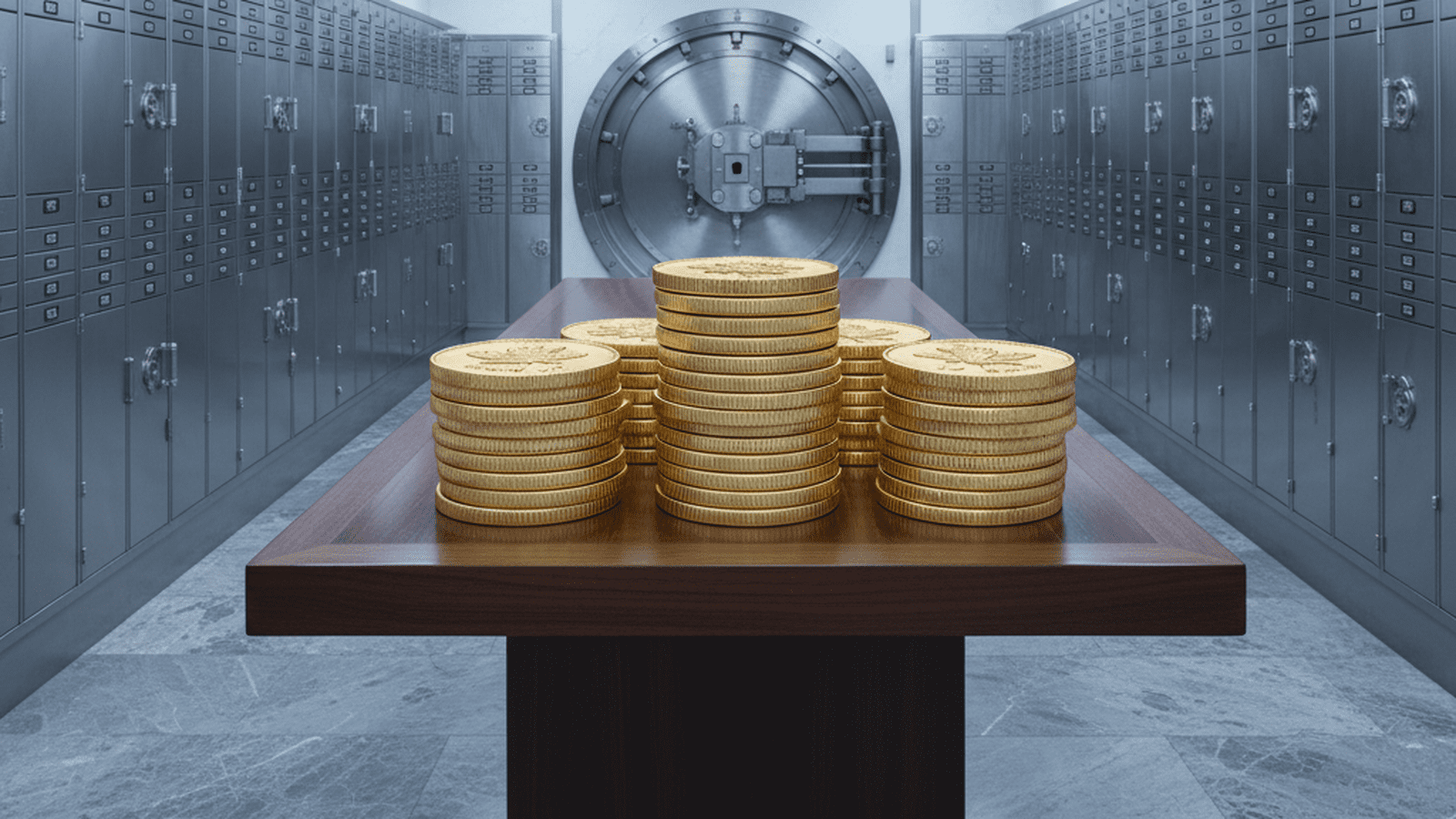 A secure room filled with safe deposit boxes and stacks of gold coins on a table.