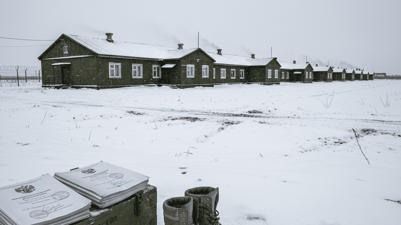 A cold, orderly military training camp in a snowy landscape with official documents and equipment in the foreground.