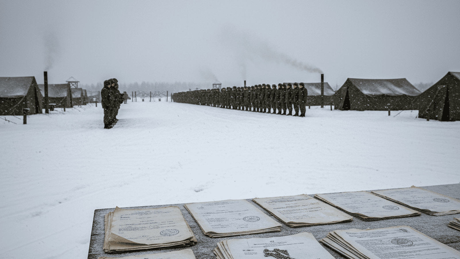 A disciplined military camp in a snowy environment with official documents and dog tags in the foreground.