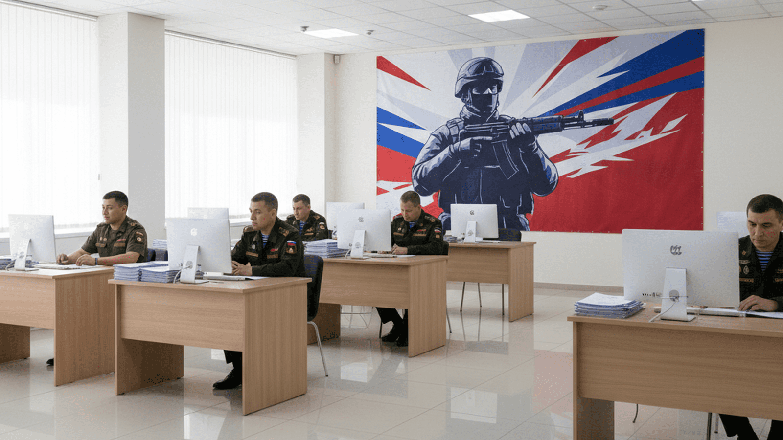 A professional and orderly military recruitment office with official banners and desks.