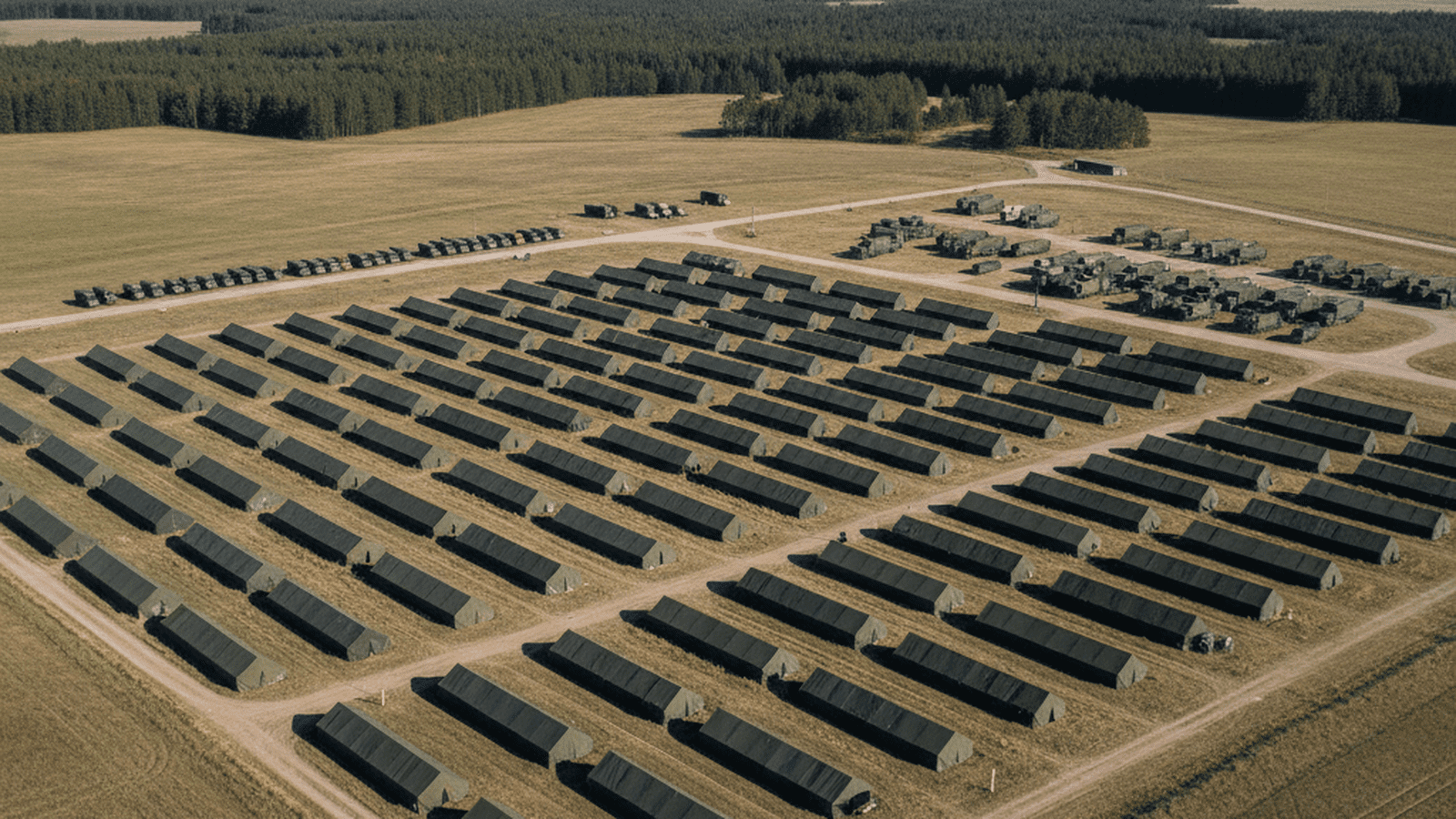 A professional and orderly military recruitment scene in Russia featuring a patriotic billboard and disciplined recruits near a train station.