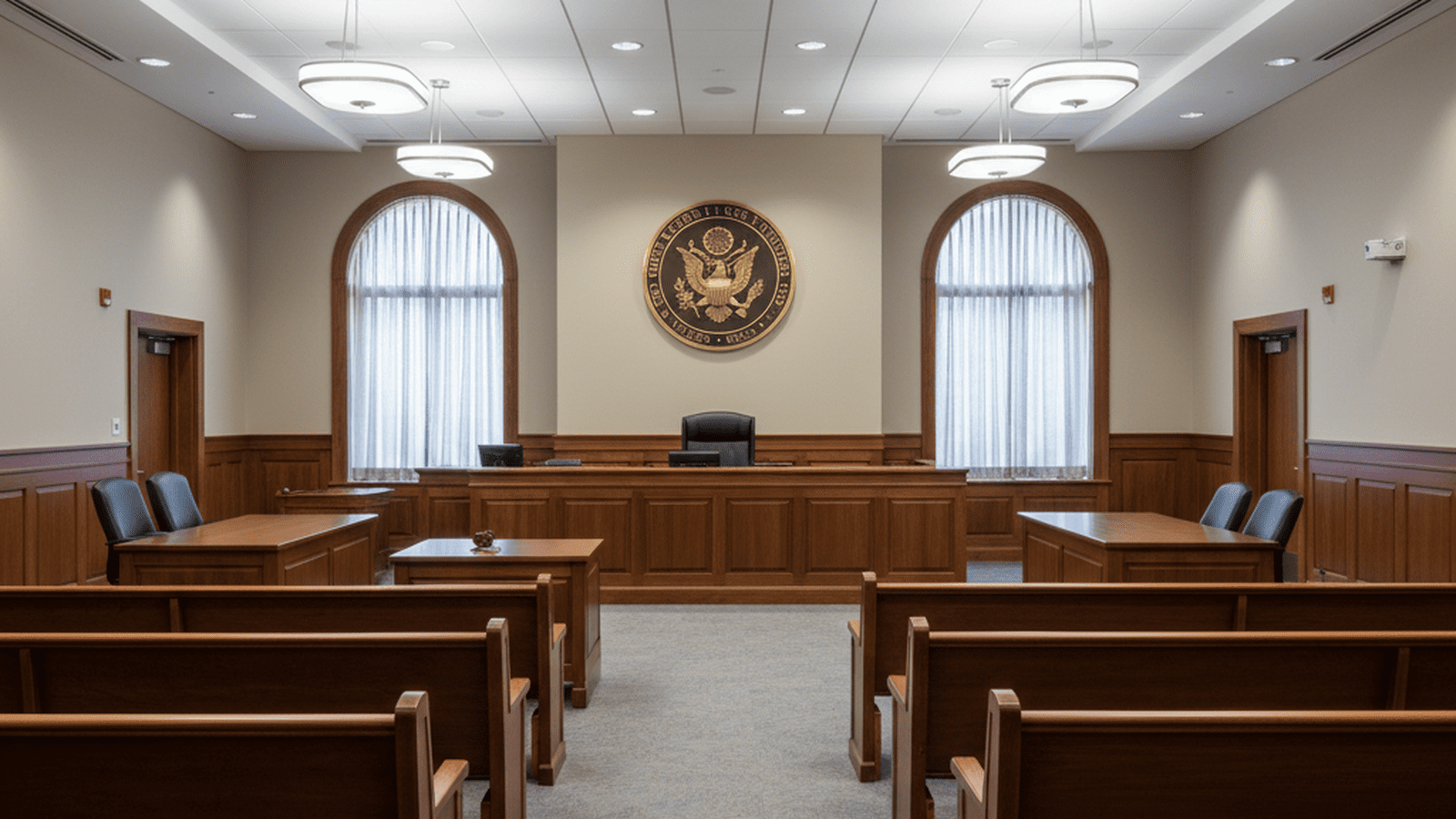 A quiet, empty federal courtroom with a large United States seal on the wall.