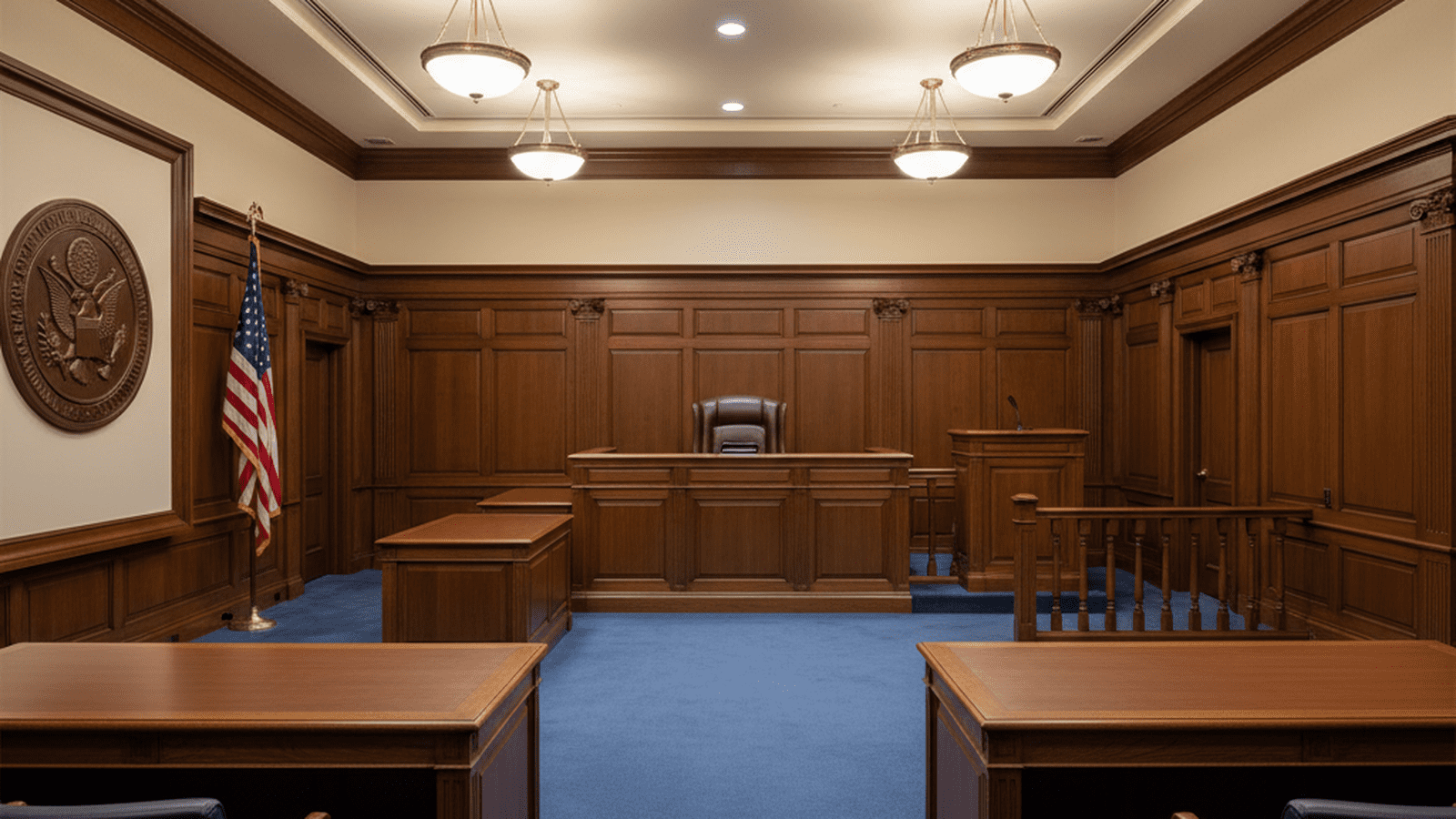 A bright and orderly courtroom with an American flag.