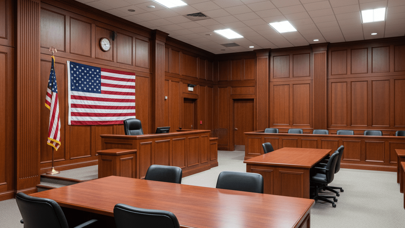 An empty, well-lit federal courtroom with a judge's bench and an American flag.