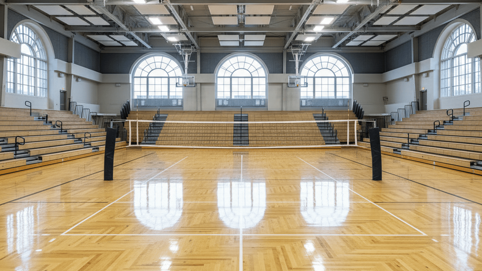 An empty university volleyball court with clean lines and a high-gloss finish under bright gymnasium lights.