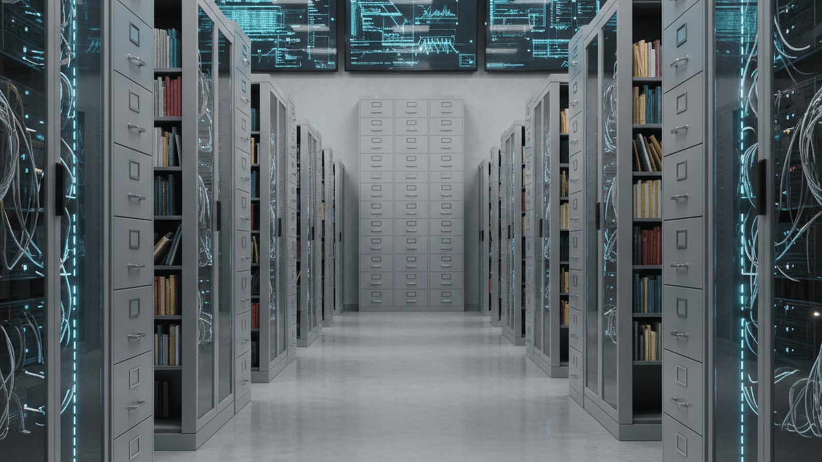 A large, organized government archive room with filing cabinets and server racks.
