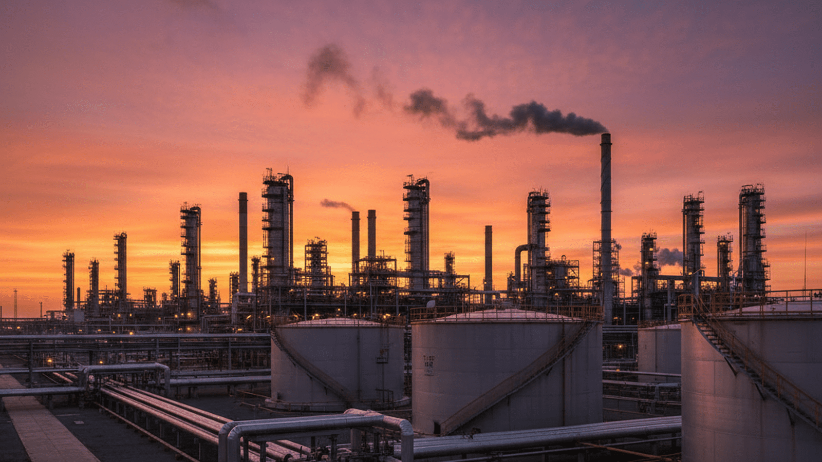 A wide shot of an oil refinery at sunset, showing industrial pipes and towers against an orange sky.