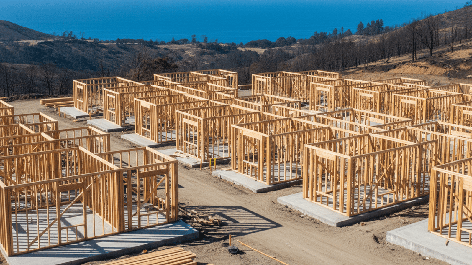 New home frames under construction on cleared lots in a California coastal neighborhood.