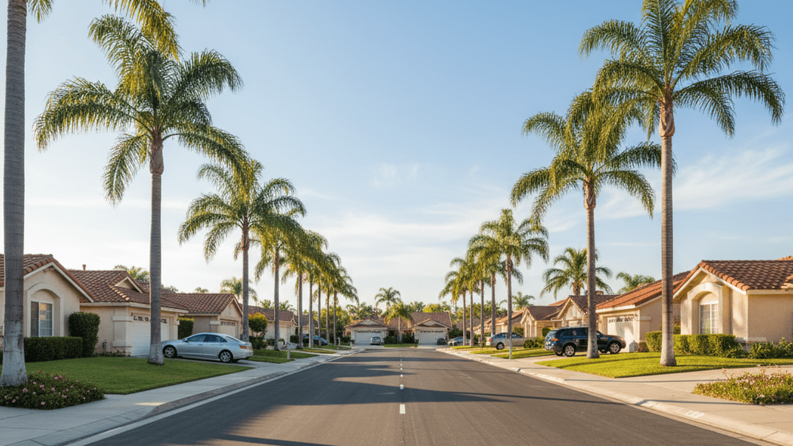 A peaceful California suburban street with palm trees and green lawns under a bright blue sky.