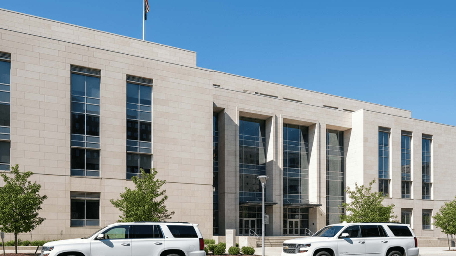 A bright and orderly view of a federal building and government vehicles in Minneapolis.