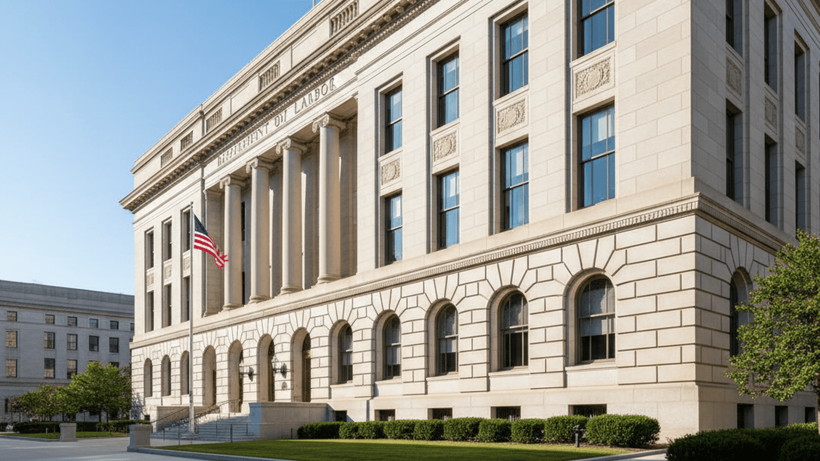 A wide shot of the stone exterior of the Department of Labor building in Washington, D.C.