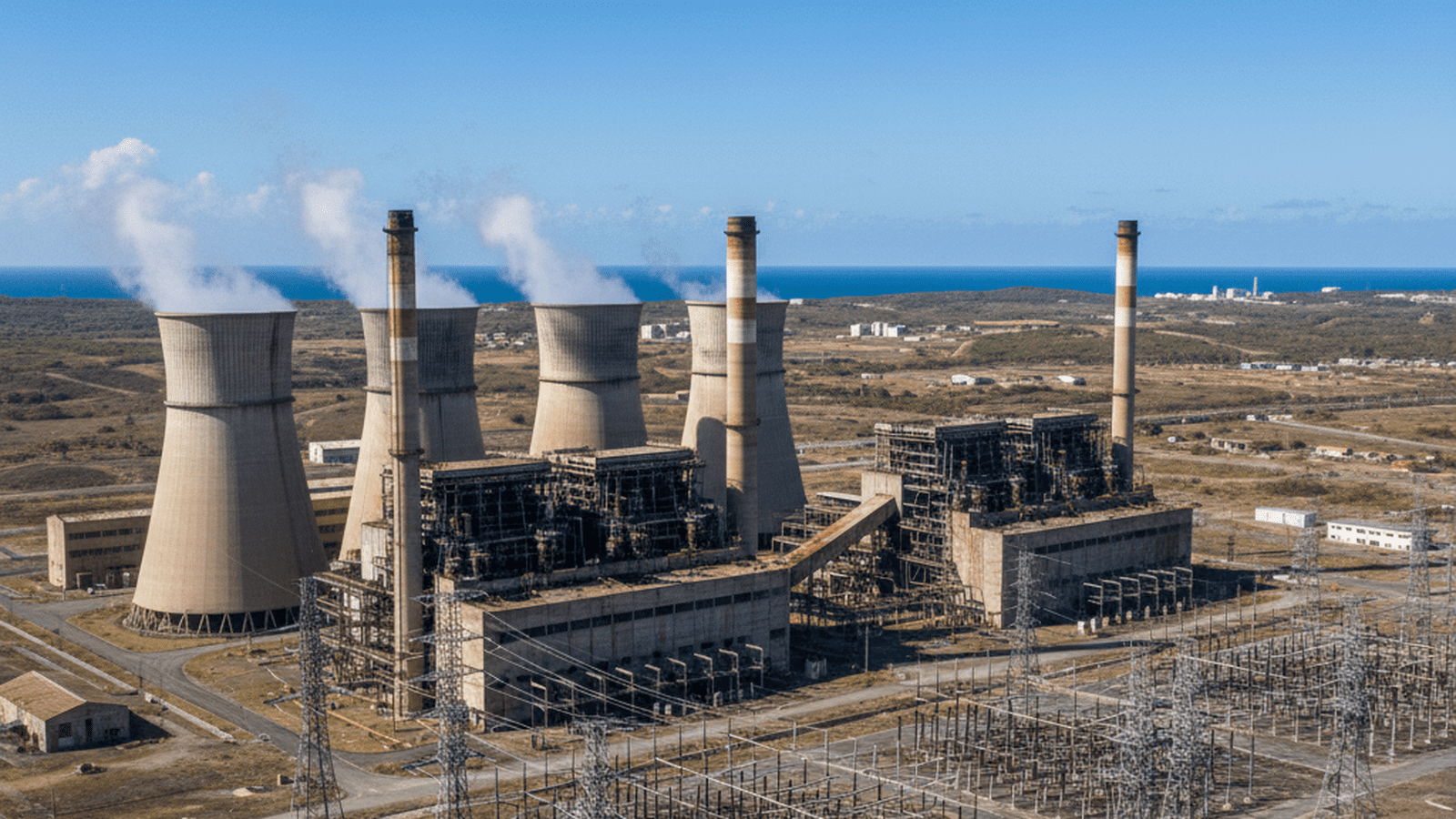 A large industrial power plant with cooling towers and electrical infrastructure under a clear sky.