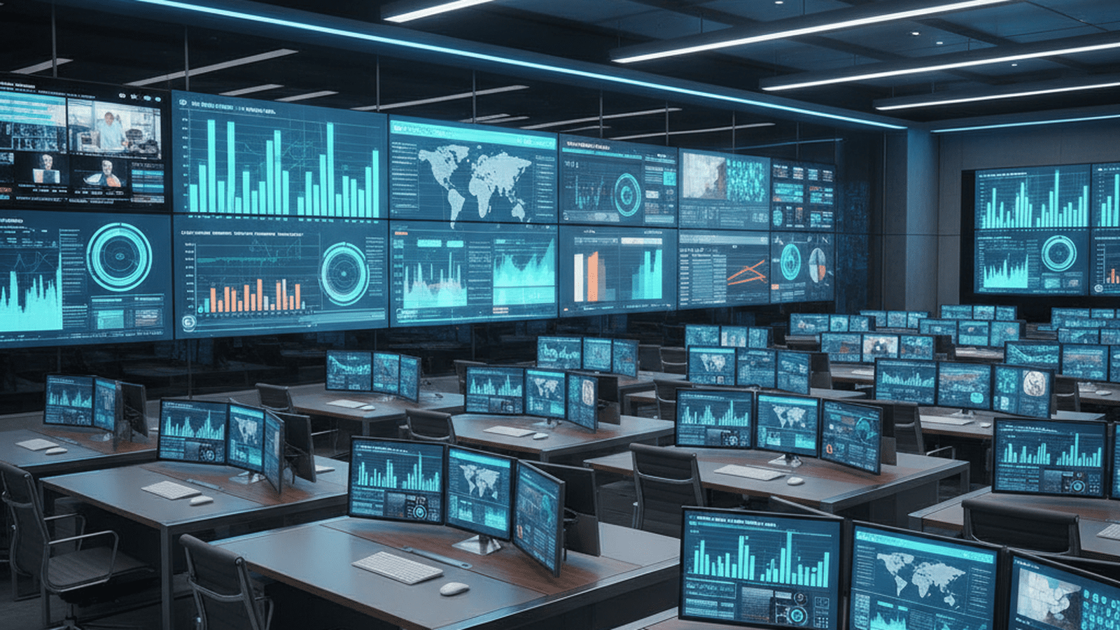 A modern and orderly digital newsroom equipped with advanced streaming technology and data displays.