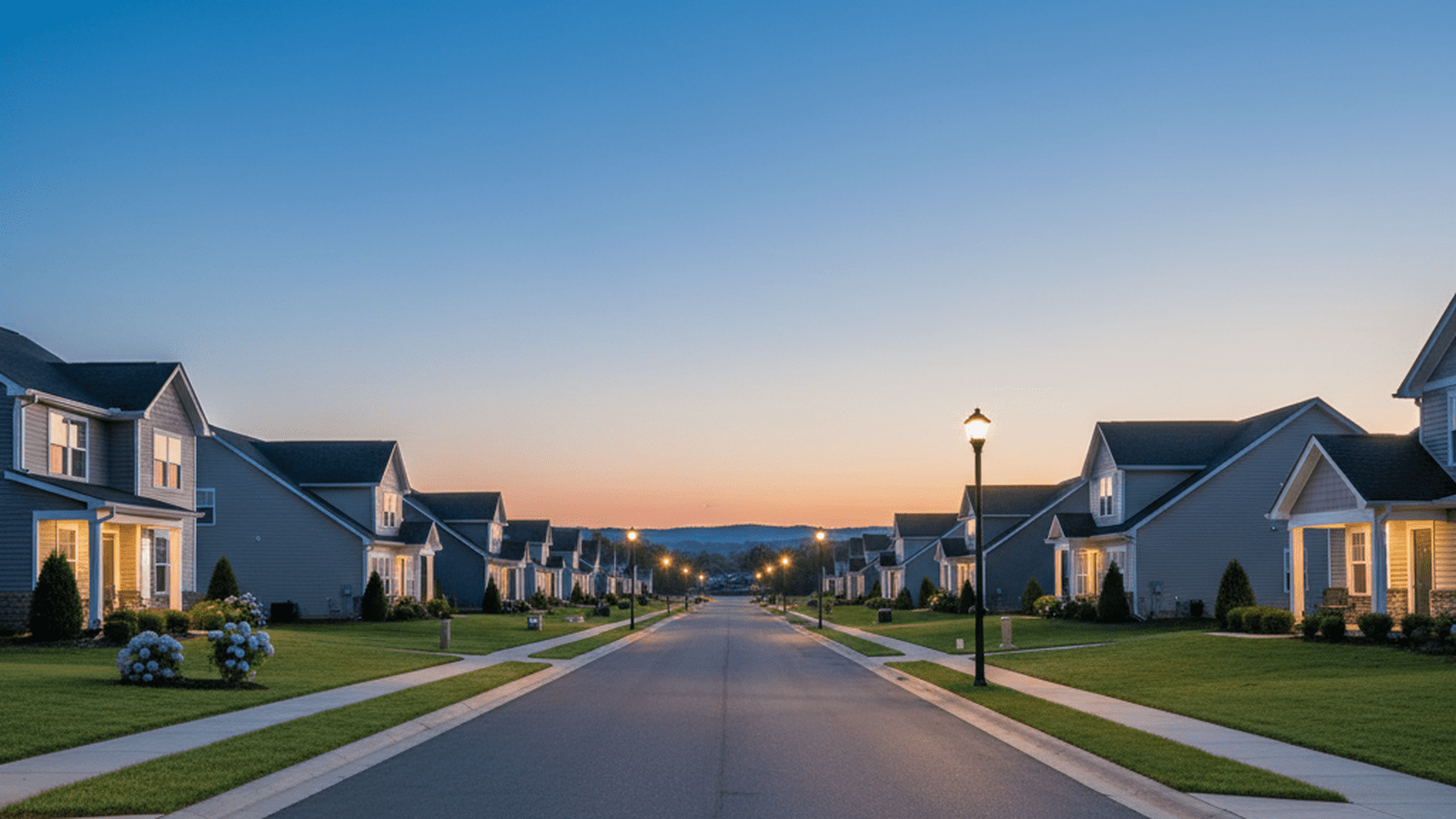 A clean and orderly new suburban residential street in North Carolina.
