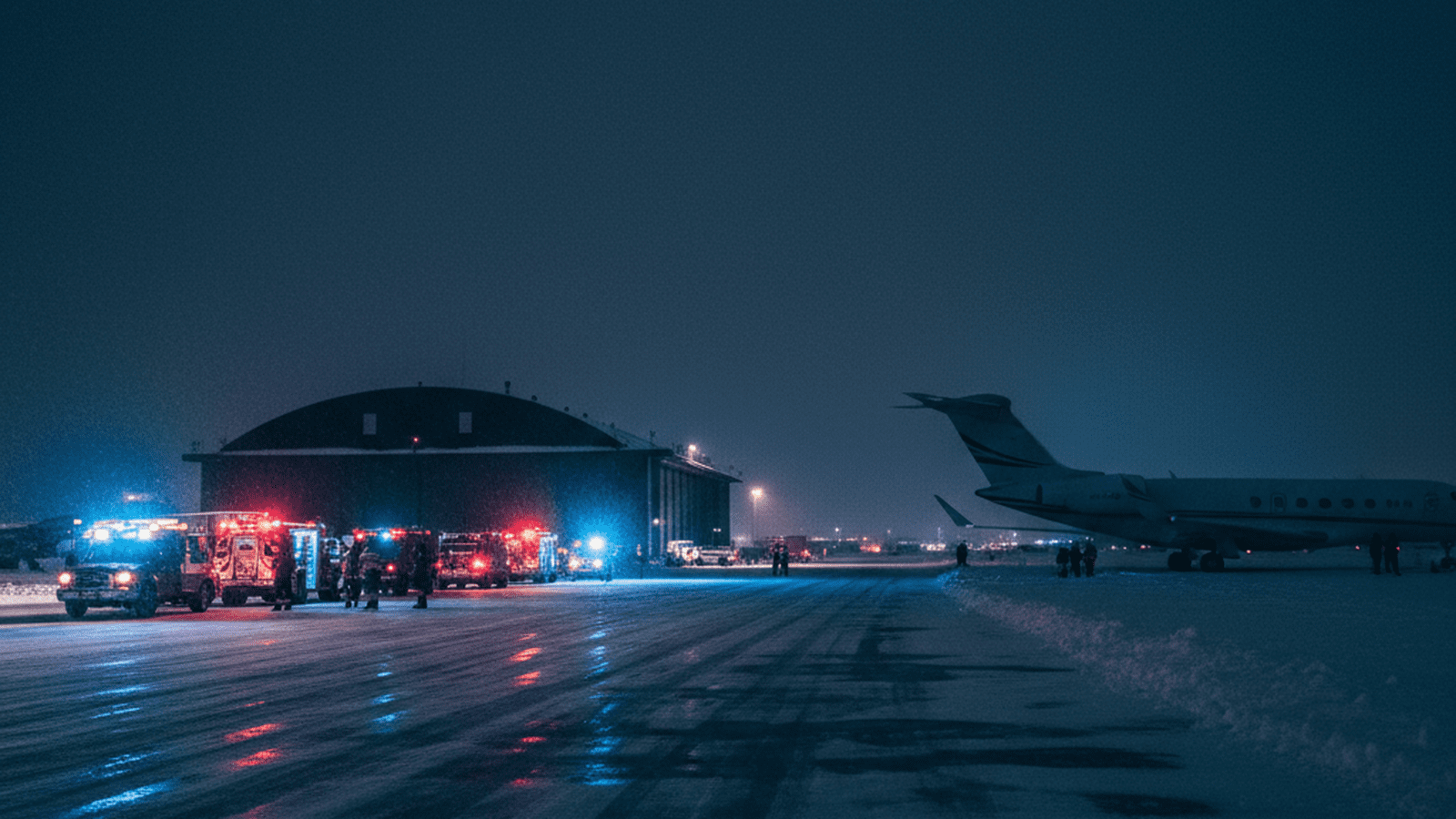 Emergency services work at a snowy airport runway at night following an aviation incident.