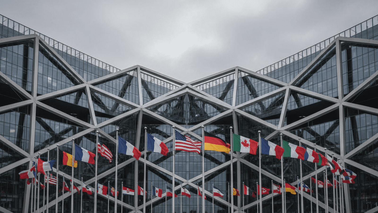 A photo of the NATO headquarters in Brussels with flags flapping in the wind under a cloudy sky.