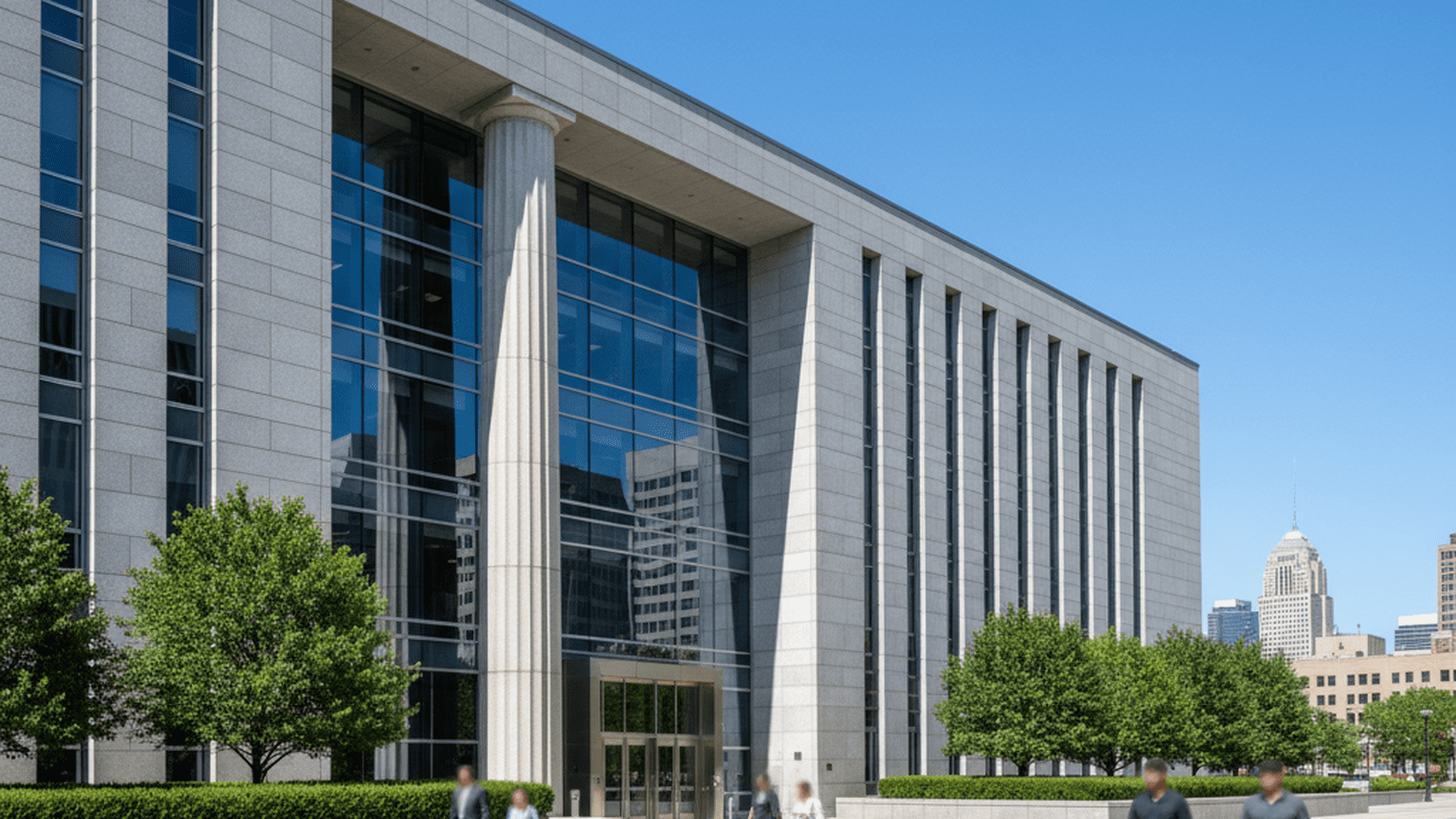 A large federal courthouse stands as a symbol of justice and order in downtown Buffalo.
