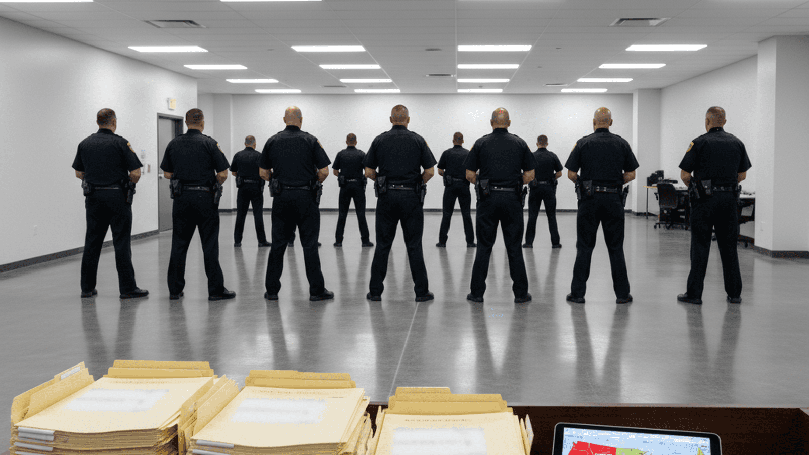 A professional and orderly federal enforcement center with organized files and uniformed officers in the background.