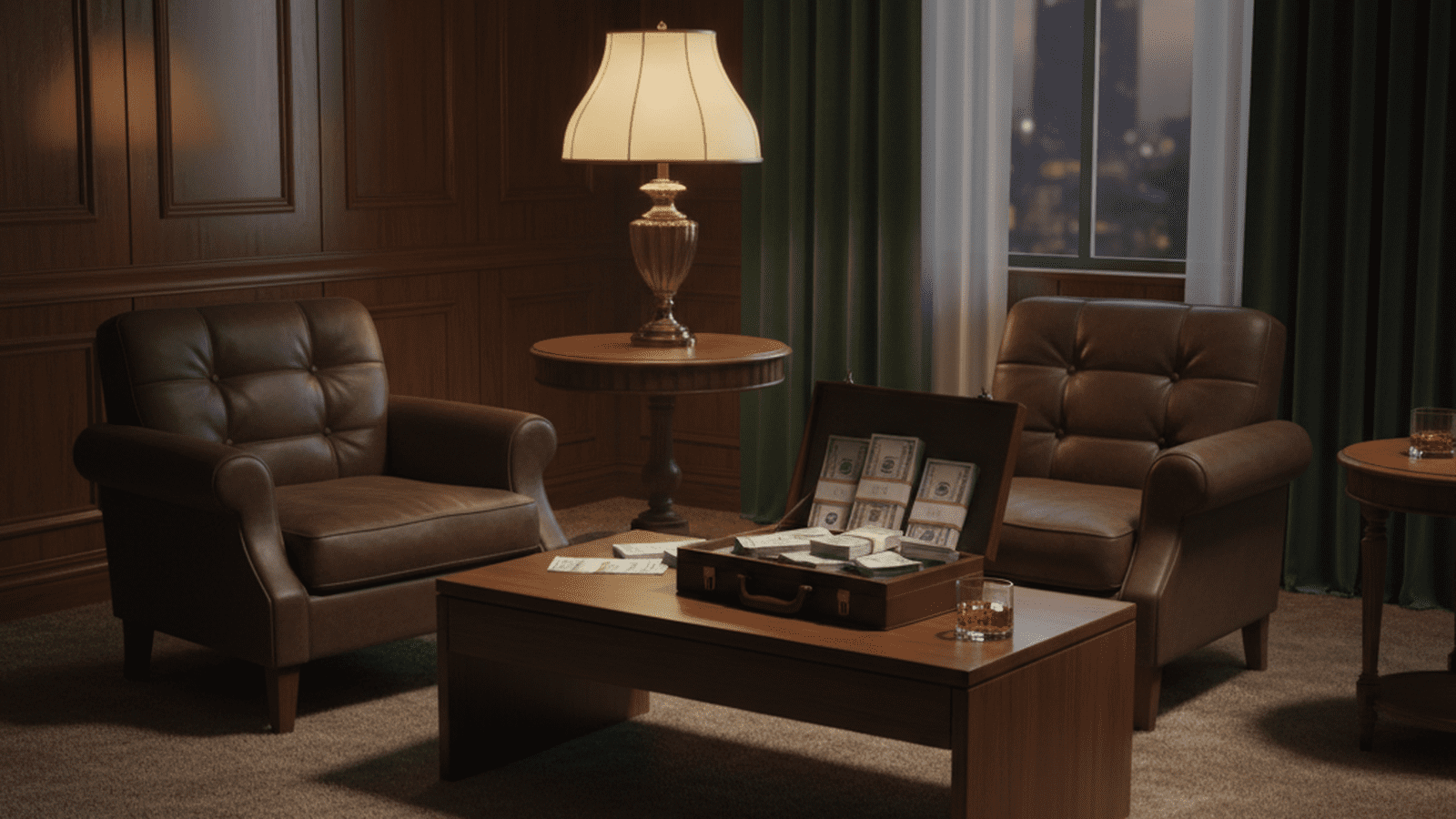 A dimly lit 1970s office setting featuring a briefcase filled with money on a table.
